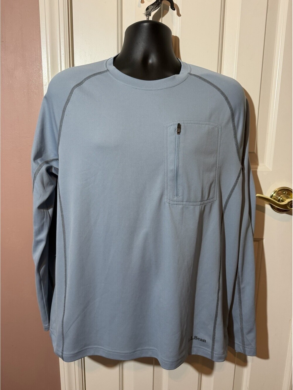 LL Bean Mens Large Comfort Stretch Pique Pullover Blue Zip Pocket L/S 281094